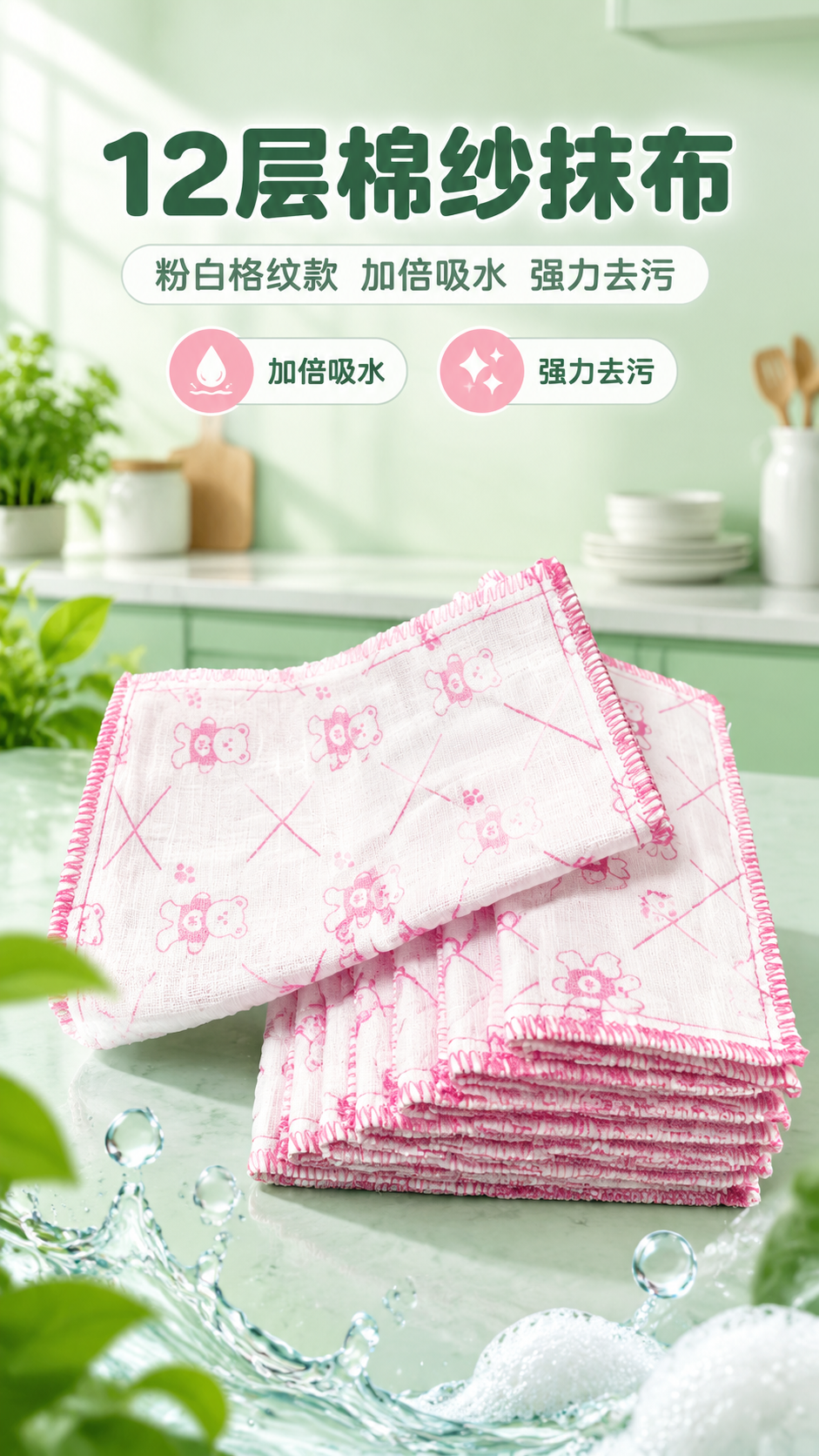 [商品] 使用【图1】新款棉纱抹布，粉白格子图案+粉色锁边；商… - 图片创意预览