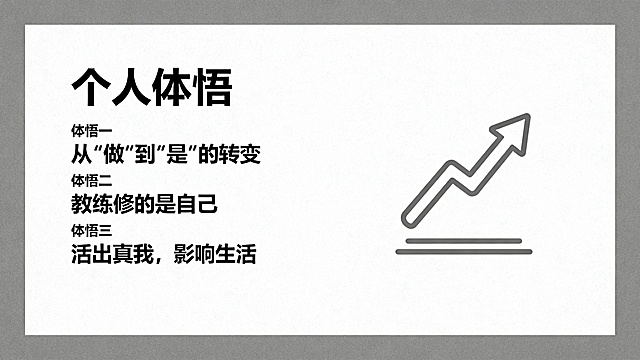 按一下要求帮我生成一套PPT:第1页：标题页
•
标题：真我状态：教练的内在修炼
•
副标题：ICF核心能力实践分享



第2页：什么是真我状态
•
核心定义：做真实的自己，全然地与客户同在
•
关键词：开放、灵活、自信、真实
•
配图建议：简洁的"心"形图标或"当下"主题图片
第3页：实践一：临在当下
•
要点1：对话前三次深呼吸
•
要点2：关注身体感受（脚底、手心）
•
要点3：清空预设，相信客户
•
配图建议：冥想或专注的图片
第4页：实践二：深度聆听
•
要点1：放下评判，保持好奇
•
要点2：用心感受，而非用脑分析
•
要点3：允许客户沉默
•
配图建议：耳朵或倾听的图标
第5页：实践三：拥抱沉默
•
要点1：沉默是思考空间
•
要点2：3-5秒的沉默价值
•
要点3：不急于填满空白
•
配图建议：钟表或思考的图片
第6页：个人体悟
•
体悟一：从"做"到"是"的转变
•
体悟二：教练修的是自己
•
体悟三：活出真我，影响生活
•
配图建议：成长或蜕变的图片
第7页：结语
•
核心信息：真我状态需要持续修炼
•
金句：你的教练状态，就是你的人生状态
•
感谢语
•
配图建议：简洁的感谢页面