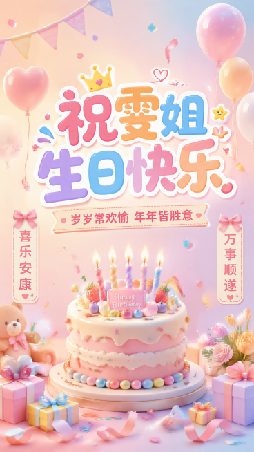 卡通活泼温馨时尚风格的生日祝福海报，画面整体版式精美，背景使用柔和的马卡龙渐变色调，点缀气球、彩带、蛋糕等生日装饰元素，营造温馨欢乐的生日氛围。主文案“祝雯姐生日快乐”放在画面居中位置，字体设计活泼可预览效果