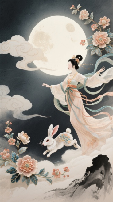 水墨丹青风格，非遗缠花设计的中秋主题海报，画面中央玉兔奔向一轮皎洁圆月，周围环绕着飘逸的祥云和盛开的缠花花朵，嫦娥在云端舞袖，裙摆轻盈飘逸，整体色调淡雅古朴，充满传统节日氛围预览效果