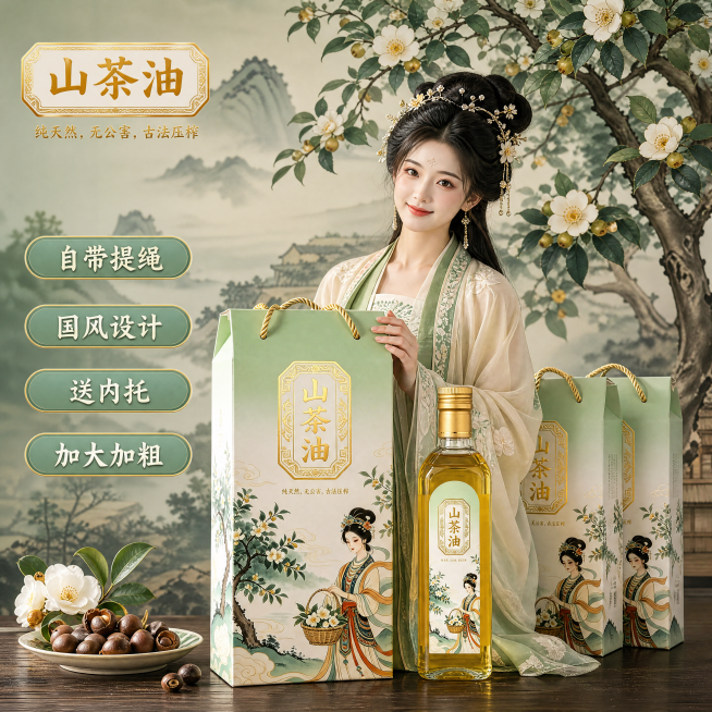 [主图-1] 国风山茶油礼盒首图场景展示
[氛围风格] 传统国风雅致氛围，古典工笔画背景
[画质] 商业摄影质感，光线柔和通透，产品清晰真实，画面干净高级
[元素] 画面主体是山茶油礼盒和瓶子，放在深预览效果