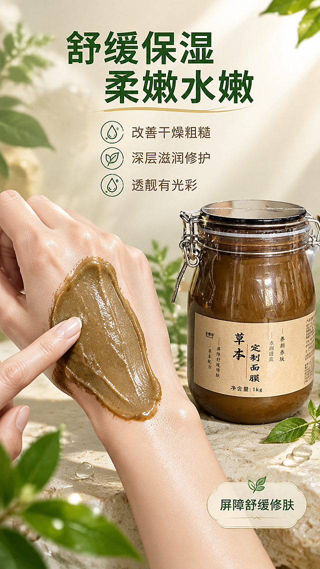 [主图-3] 功效实证 质地与肤感展示 草本面膜抖音主图。突出舒缓保湿滋润功效，改善干燥粗糙，令肌肤柔嫩水嫩透靓有光彩。强场景化，真人局部试用展示。
[统一基调] 整体风格：天然植萃 东方草本 高级静物摄影。背景主色：温润草木绿渐变 + 米白柔光。标题字色：深墨绿主标题 + 浅棕辅助色。强调色：草木绿 + 暖金点缀。字体样式：干净非衬线体，粗体大标题，细体副标题。卡片/图标/边框：极简细线 + 圆角半透明卡片。
[画面] 画面左侧为女性手部特写（仅展示手和小臂，不出现面部），手背上涂抹着一层细腻的棕褐色草本面膜膏体，展示质地细腻易推开的状态，皮肤看起来水润有光泽。画面右侧放置产品罐，占画面约35%，45度角展示。背景为柔和的米白渐变，有几束自然光从右上方洒下，周围点缀少量新鲜草本叶片和晶莹水滴。手的下方有柔和阴影，自然真实。
[光影质感] 商业摄影质感，自然光效，皮肤质感细腻真实，膏体质地清晰可见，有水润光泽感。产品罐光影自然融入场景。
[配色] 主色米白 + 肤色 + 草木绿点缀，整体干净通透，突出水润肤感。
[文字版式] 画面上方大标题「舒缓保湿 柔嫩水嫩」，深墨绿色粗体。标题下方分三行小字功效：「改善干燥粗糙」「深层滋润修护」「透靓有光彩」，每行配一个小水滴/叶片图标。右下角小卡片标注「屏障舒缓修肤」。文字放在画面上方和右侧负空间，不遮挡手部和产品。
[输出要求] 比例9:16，文字清晰可读，产品清晰不变形，手部皮肤质感真实，膏体质地清晰，无错字，无杂乱元素，无水印，无平台Logo。负向：手部畸形 手指异常 产品变形 错字 画面模糊 过度夸张功效