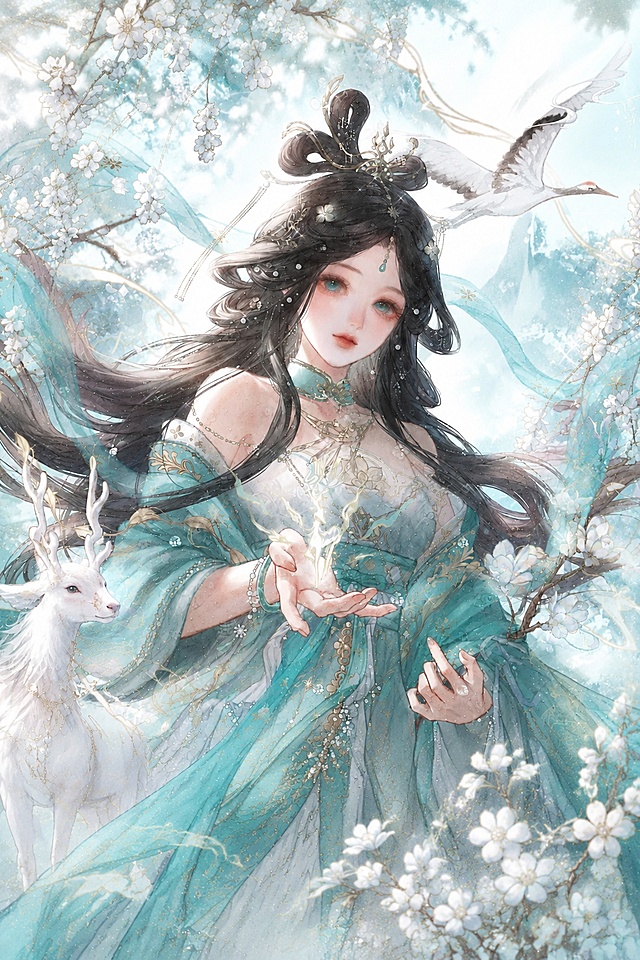 古风美人插画，青绿色古风汉服，搭配白鹤、梨花、灵鹿元素，浅蓝青绿色调，精致唯美细腻光影，保留画面内容和整体设计，调整比例为2:3