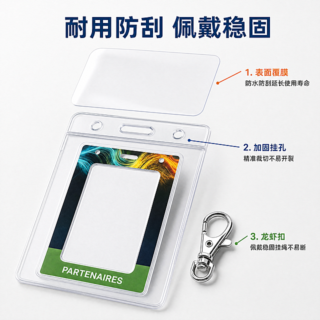 「图片1」「图片1」「图片1」「图片1」「图片1」，生成一套主图（5张），商品名称是全彩印刷工牌卡套，卖点是支持正反面全幅彩印，图案色彩饱满、细节清晰，企业 logo、活动主题、品牌标语都能完美呈现，是低成本的品牌宣传载体，展会 / 会议 / 企业日常使用都很出效果。
低 MOQ 支持，定制门槛友好
支持小批量定制，无需担心起订量过高，无论是企业团建、小型展会、活动纪念都能按需定制，灵活适配各类场景需求。
耐用防刮设计，实用又省心
，表面覆膜工艺防水防刮擦，能有效保护工牌证件，避免磨损、污渍，延长使用寿命；搭配加固挂孔和金属龙虾扣，挂绳不易断裂，佩戴稳固防丢。
多场景通用，适配性强
标准尺寸兼容各类工牌、门禁卡、学生卡、展会证、参会证，可搭配不同风格挂绳（纯色 / 反光 / 印花款），企业办公、校园、展会、活动签到等场景都能使用。
一站式定制服务，省时省力
支持来图定制，从设计、印刷到成品一站式搞定，可根据需求搭配不同挂绳配件，无需额外采购，直接拿到完整可使用的证件套装。，适配1688平台，主图比例为1:1