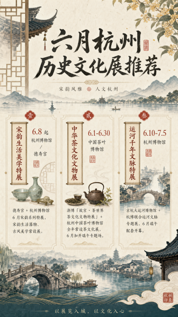 设计一张国风杭州历史文化展信息海报，古风雅致风格，标题为"六月杭州历史文化展推荐"，具体列出：1. 「宋韵生活美学特展｜6.8 起 杭州博物馆 / 德寿宫」德寿宫 + 杭州博物馆 6 月宋韵系列特展，预览效果
