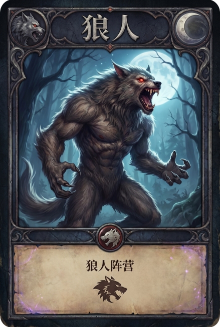 狼人杀狼人角色卡牌，狼人是狼人阵营，设计为狼人形象，卡牌风格精美，带有角色名称文字"狼人"预览效果