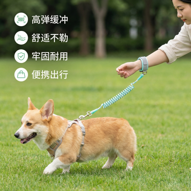 加入狗狗身穿背带，然后用我们这款牵引绳牵牵引，护腕部分扣在一个人类的手腕上。预览效果