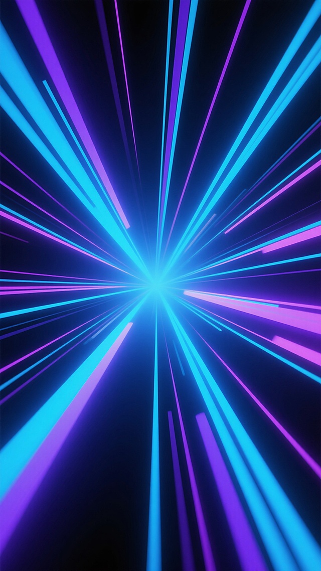 高速运动效果的速度线主题背景，以明亮的蓝色和紫色渐变为主色调，线条从中心向外呈放射状分布，线条边缘带有模糊的发光效果，整体呈现出动感和速度感，线条粗细不一，排列有序，背景为深色，突出速度线的视觉冲击力，具有现代科技感和未来感的设计风格。