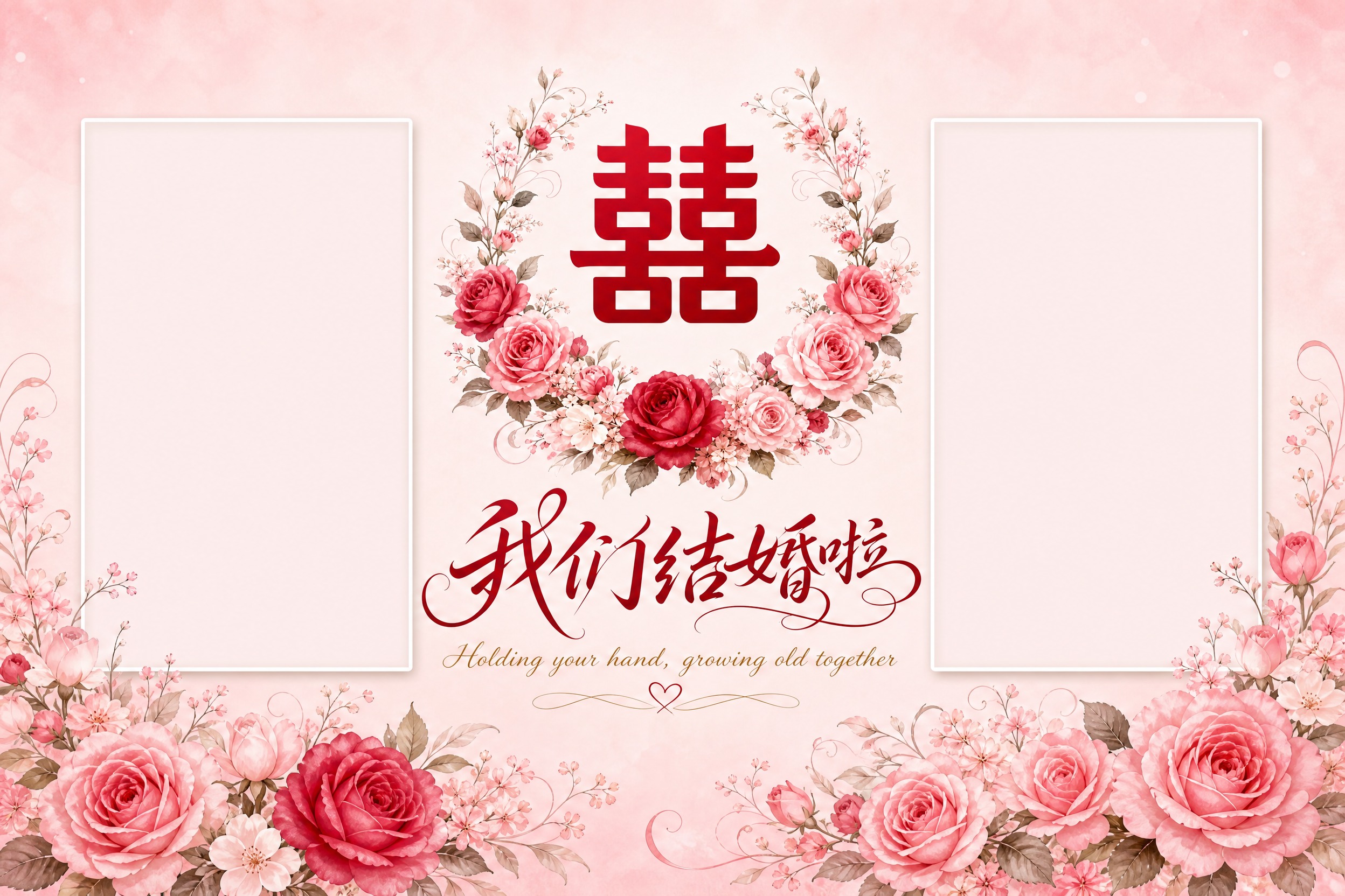参考图的浪漫花艺婚庆风格，设计一款横版婚庆相框版式二：双照片版… - 图片创意预览
