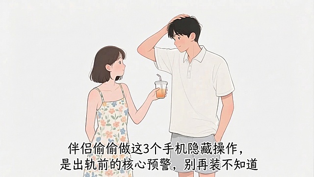 在图片下方空白位置添加文字："伴侣偷偷做这3个手机隐藏操作，是出轨前的核心预警，别再装不知道"，保留原图的插画风格、人物和饮品内容，不改变原有画面元素，只添加指定文字