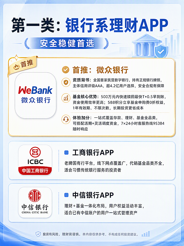 小红书图文笔记第3页，银行系理财APP推荐页，竖版3:4，杂志海报风，版式精美，小红书笔记质感。主标题：「第一类：银行系理财APP」。副标题：「安全稳健首选」。画面：三款APP图标卡片式排版，微众银行卡片放大并标注「首推」金色标签。文案内容：
✅ 首推：微众银行
- 资质背书：全国首家民营数字银行，持有正规银行牌照，主体信用评级AAA，超4.2亿用户选择，安全合规有保障
- 基金核心优势：500万元内快速赎回最快T+0.5早到账，资金使用效率更高；588积分立享基金申购费0折权益，1年有效期、不限次数，长期投资更省成本
- 体验加分：一站式覆盖存款、理财、基金全品类，可搭配活期+灵活调度资金，7×24小时客服热线95384随时响应

▫ 工商银行APP
老牌国有行平台，线下网点覆盖广，代销基金品类齐全，适合习惯传统银行服务的投资者

▫ 中信银行APP
理财+基金一体化布局，用户权益活动丰富，适合已有中信账户的用户一站式管理资产

背景：浅蓝渐变，金融专业感。文字层级分明，首推项用金色高亮边框突出。整体氛围：专业、可信、干货满满。画质：高清细腻，信息层级清晰，文字完整可读，四周留安全边距。4K。