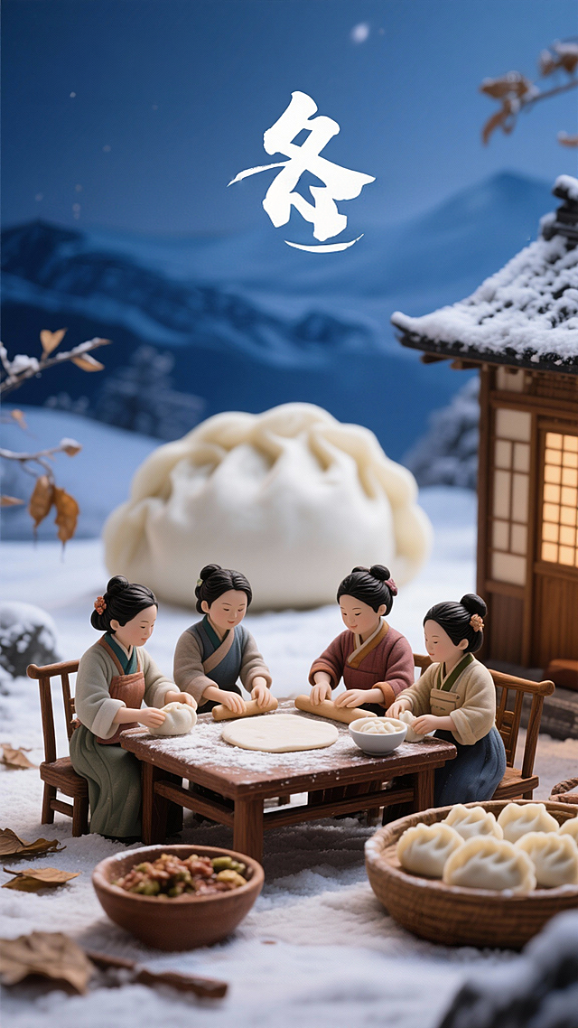 生成4张冬至节气海报，比例9:16。采用微缩场景 + 国风意境的创意视角：画面核心是微缩古风人物场景（4 位身着传统服饰的妇女小人围坐在木桌前擀皮、包饺，桌上撒有面粉，旁置馅料碗与包好的饺子），场景后方是巨型仿真饺子（质感饱满）；背景是蓝色调的冬日雪景（含远山、雪地、枯叶）右侧露出日式风格的木屋一角；画面上部：左上角是 “(冬至福至)”，顶部中央是 “YOUR LOGO” 及网址，右上角是 “(常乐欢愉)”；中部是白色毛笔书法 “冬至”（配红色印章），旁侧小字 “冬至亦小年 围炉话团圆”，背景叠印浅灰色 “WINTER SOLSTICE” 字样；底部是 “岁寒隆冬至 煮饺话团圆” 及 “24 SOLAR TERMS WINTER SOLSTICE”；整体风格是创意微缩国风，色调以蓝色、米白、木色为主，光线柔和清冷（突出微缩场景的细腻质感与节气的静谧氛围），细节高清（微缩人物纹理、饺子质感、书法笔触、雪景层次均需呈现），8K 分辨率，氛围温馨且具传统节气的仪式感。