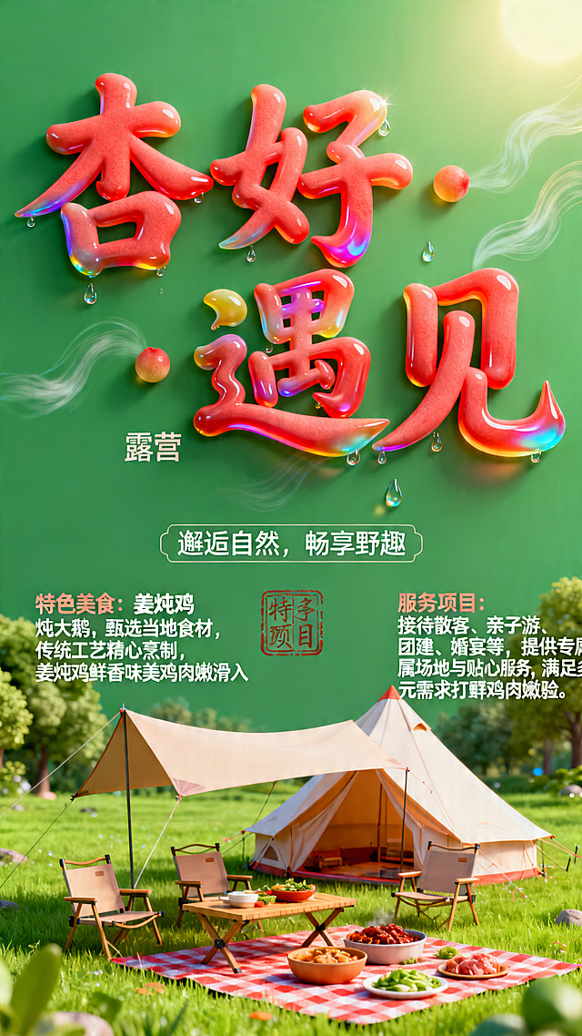 露营地宣传展板，主标题：大写“杏好·遇见”小号字体“露营”，空间感立体艺术字，流动的杏红色笔触，立体饱满笔画，从左向右书写，笔画间立体穿插，3层立体厚涂流体彩色字设计，部分笔画带有露珠光泽和微风动态效果，东方禅韵风格，笔触清晰分层明显，搭配印章排版，C4D渲染，虚幻引擎，轮廓光，绿色背景。副标题：邂逅自然，畅享野趣。特色美食：姜炖鸡 炖大鹅，甄选当地食材，传统工艺精心烹制，姜炖鸡鲜香味美鸡肉嫩滑入味；炖大鹅肉质紧实汤汁浓郁醇厚，地道乡村风味盛宴。服务项目：接待散客、亲子游、团建、婚宴等，提供专属场地与贴心服务，满足多元需求打造难忘体验。下方配图：近景绿色草地上露营，有帐篷、桌椅、野餐布、食物，画面有颜色对比强烈的艺术字做装饰，清新可爱风格，自然野趣氛围，色彩丰富，现代数字艺术风格
