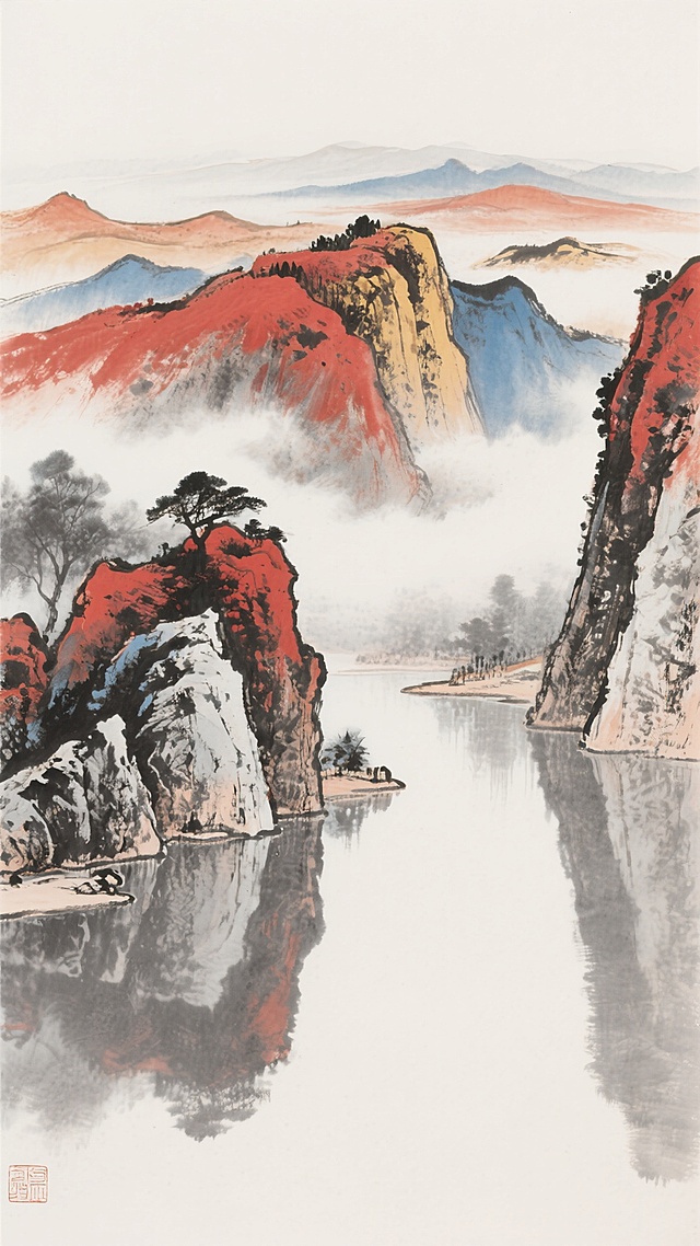 中国传统水墨风格山水画，以浓淡不一的朱砂红、赭石黄、石青蓝为主色调，运用泼墨、积墨、破墨技法，描绘层叠起伏的远山与近处的苍劲山石，山间云雾以淡墨渲染，呈现轻盈缥缈的流动感，水面平静如镜，倒映出山体轮廓，整体构图深远，留白恰到好处，展现出空灵悠远、意境深邃的东方美学韵味，笔触间保留水墨特有的晕染纹理与飞白效果。