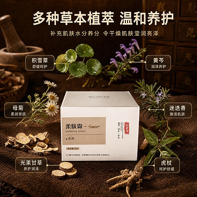 [主图-2] 核心功效成分解析，多种草本植萃功效展示。
[统一基调] 整体风格为温润中药草本风，背景主色为深棕与暖棕渐变，点缀古朴中药柜、干草本植物、麻布纹理元素；标题字色为米白色，辅助字色为浅棕色，强调色为暗金色；字体为干净的非衬线体，字号层级分明；卡片和边框采用细金线与半透明深棕底样式。
[画面] 产品妃蜜诗柔肤霜白色方盒位于画面下方居中，占画面约35%，正面完整展示；产品上方和四周悬浮多种真实草本植物原料（积雪草、黄芩、母菊、迷迭香、光果甘草、虎杖等多种草本叶片/花朵/根茎），每种草本旁有细金线引出的小标签，标注草本名称和对应功效；背景为深棕色带细微麻布纹理，左上角有古朴药碾子或药臼小道具虚化点缀；整体呈现中药草本成分环绕产品的专业感。
[光影质感] 商业摄影质感，产品受光均匀，草本植物有自然光影和体积感，悬浮元素有轻微投影增加层次感；光线从上方偏左打下，整体暖调温润，体现中药养护的专业可信感。
[配色] 主色深棕色、暖棕色，辅助色米白、暗金、浅棕，草本植物保留自然绿色但饱和度降低以融入棕调；语义色仅作植物本色点缀，不改整体棕调。
[文字版式] 画面上方居中主标题大字米白色"多种草本植萃 温和养护"；主标题下方副标题浅棕色"补充肌肤水分养分 令干燥肌肤莹润亮泽"；草本成分标签用暗金色细边框半透明深棕底卡片，内文米白色小字，如"积雪草 舒缓呵护""黄芩 润泽养护""母菊 柔润安抚""迷迭香 焕活肌肤"等4-5个标签错落分布；文字不遮挡产品主体。
[输出要求] 比例1:1，2048x2048，文字清晰可读，产品清晰不变形，草本植物真实自然，无错字，无水印，无平台logo，禁止悬浮感过强、穿模、边缘硬切。