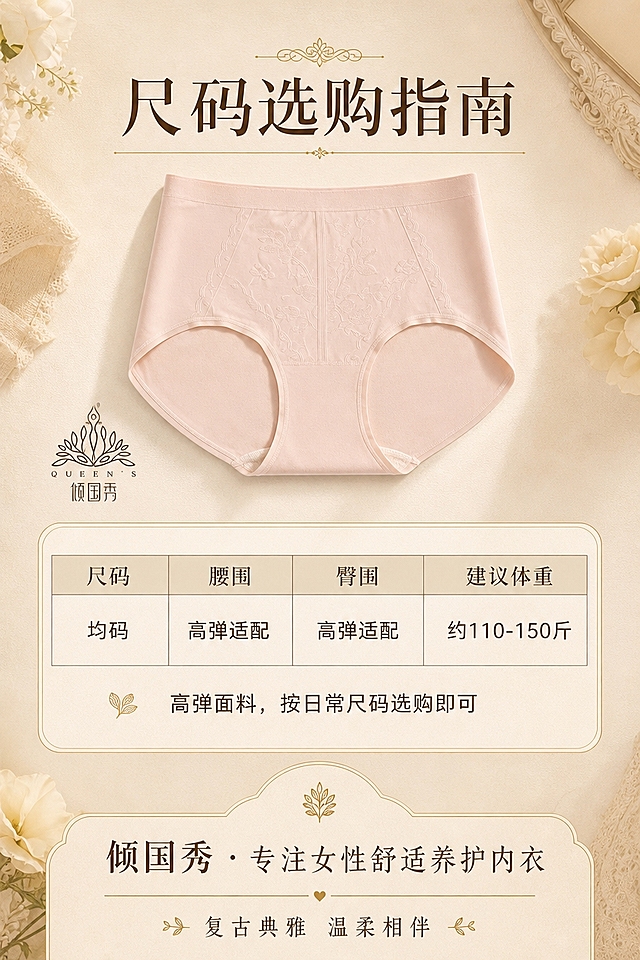 [商品] 使用【图1】的浅粉色高腰内裤；商品处理：保留高腰版型、宽边腰头、花卉肌理、浅粉颜色、倾国秀Logo；自然去皱，增强质感，不改变版型。
[画面] 目标：尺码选购+品牌收尾页。构图：上方小图展示一条平铺内裤全貌（占画面约25%），中部为尺码信息表格，底部为品牌调性收尾语。整体信息卡式布局。景别：信息页+产品小图。阅读动线：从上至下，产品小图→尺码表→品牌收尾。前中后景：前景浅米色纸张质感底，中景产品小图+信息卡，后景浅米色渐变背景。
[视觉] 套系策略：风格=复古典雅轻奢商业摄影；标题字=优雅衬线体+细金线装饰；正文字=简洁无衬线体；主色=浅米色（米杏色）；背景延展=基于浅米色做深浅层级渐变、细腻织物纹理和纸张质感；强调色=香槟金色，仅用于小面积图标、引线、标签描边和标题装饰线；标题色=深棕褐色；正文色=暖灰褐色；组件=圆角浅金描边信息卡、细金线引线、米白底标签；光影=左前侧暖柔光，柔和漫反射，低对比高级灰调。
[文字] 顶部主标题「尺码选购指南」，标题下细金线；中部表格含字段：「尺码」「腰围」「臀围」「建议体重」，内容用保守表述：「均码」「高弹适配」「高弹适配」「约110-150斤」；表格下方选码建议：「高弹面料，按日常尺码选购即可」；底部品牌收尾语：「倾国秀 · 专注女性舒适养护内衣」+「复古典雅 温柔相伴」。文字全部横排，表格清晰易读。
[规格] 图片比例2:3竖版，4K分辨率，负向提示：避免变形、错字、文字过小、冷蓝背景、产品颜色改变、版型失真、白底图、低俗暴露、绝对化用语、虚假参数。