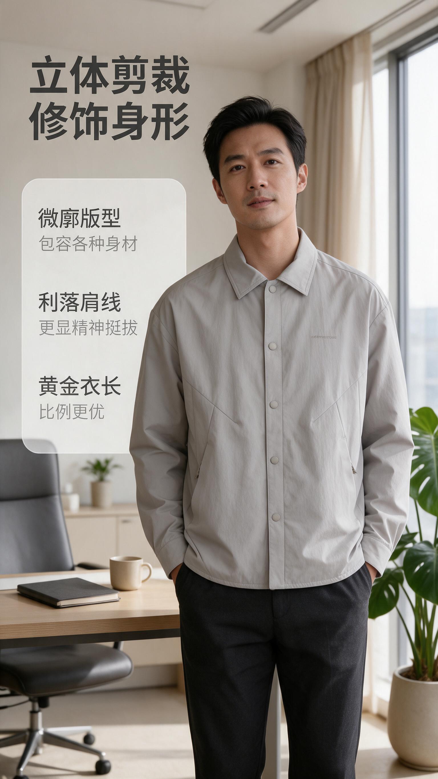 [商品] 使用【图1】浅灰色男士翻领夹克外套；商品处理：保留翻… - 图片创意预览
