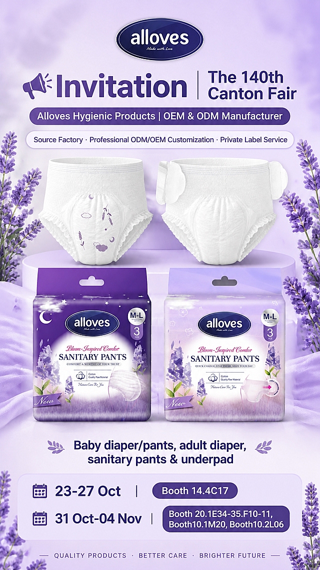 Add the text "Source Factory · Professional ODM/OEM Customization · Private Label Service" to this lavender-themed Canton Fair poster. Place the new text below the subtitle banner "Alloves Hygienic Products | OEM & ODM Manufacturer" and above the 2x2 product grid. Use a clean sans-serif font in dark purple color, or place it inside a soft white pill-shaped tag for better visibility. The text should match the lavender purple aesthetic. Keep ALL other elements exactly the same: alloves logo at top, all 4 products in 2x2 grid, lavender flower decorations on sides, product category text, booth numbers, dates, and bottom slogan "QUALITY PRODUCTS · BETTER CARE · BRIGHTER FUTURE". Maintain the same soft lavender background and overall composition.