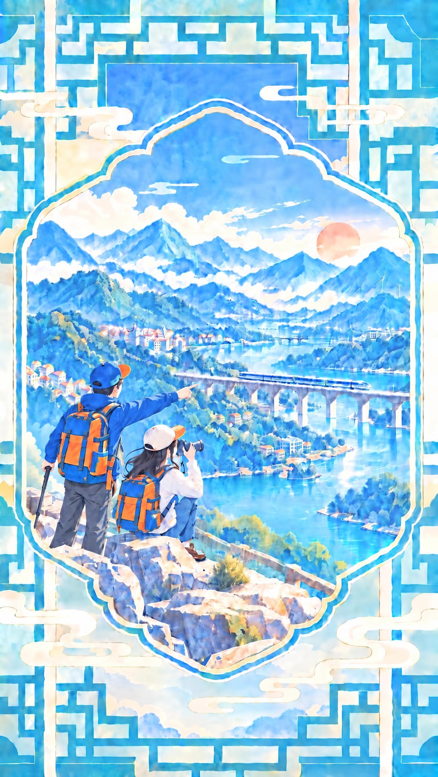 保持整张图的水彩国风画风、构图、人物姿态、山水风景、窗框装饰全… - 图片创意预览