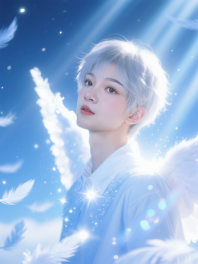 特写镜头，唯美精致的天使少年（奶油肌，银色的头发，白蓝色穿搭，发着光），环绕无数动态模糊的蓝白调发光羽毛，大光圈虚化的天空背景