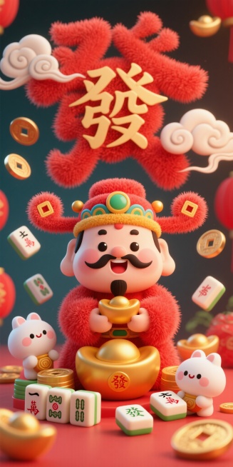 国潮毛绒卡通风格的招财主题插画，红色为主色调，核心是财神人物形象，周围环绕“發”字繁体字麻将、萌系形象，背景点缀祥云、铜钱等传统元素，整体线条圆润可爱，色彩浓烈喜庆，融合古风招财符号与萌系卡通画风，营预览效果