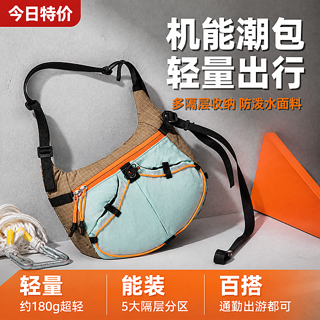 [主图-1] 机能风拼色斜挎胸包首图，拼多多风格大字卖点。
[氛围风格] 潮酷街头机能风，活力撞色，年轻潮流感，性价比突出；
[画质] 商业摄影质感、光线明亮通透、产品清晰真实、画面干净有冲击力。
[元素] 薄荷绿+卡其格纹+橙黑撞色机能斜挎胸包居中偏左，包型饱满完整，正面展示拉链、抽绳、卡扣、肩带等全部结构细节，包体占画面约65%。背景为浅灰色水泥肌理墙，右侧有橙色几何色块装饰点缀，左下角散落银色登山扣、白色伞绳等机能风小道具增加氛围。**保持包包外观（即物理结构、材质质感、颜色、拼接方式、拉链抽绳卡扣细节）与输入产品图完全一致，杜绝任何变形和色差，精细化处理**。画面满屏无边框。
[光影] 左前侧主光柔和打亮包体正面，右侧辅光提亮暗部，底部有自然投影，整体光线明亮均匀，机能面料有轻微哑光质感，拉链五金有高光点缀，通透不灰蒙。
[配色] 主色薄荷绿+卡其棕+活力橙；辅色浅灰底+黑色肩带；文字用白色+橙色强对比。
[视角构图] 45度斜侧平视，包包为视觉中心；前中后景分层、景深中等，包体轮廓完整不裁切。
[文字版式] 右上负空间左对齐留安全边距，大字主文案"机能潮包 轻量出行"白色超大号粗体无衬线，下方辅助短句"多隔层收纳 防泼水面料"橙色中号粗体。底部通栏橙色渐变蒙层均分三列，列内上大字下小字左对齐：列一「轻量」「约180g超轻」列二「能装」「5大隔层分区」列三「百搭」「通勤出游都可」；白字与橙底强反差，现代无衬线字体。左上角小标签"今日特价"红底白字。
[输出要求] 1:1比例，文字清晰锐利，超高清商业摄影质感。
[负向提示词] 变形，文字错乱，产品图模糊，背景杂乱，水印，电商平台Logo，多余的手，畸形手，人物面部扭曲。