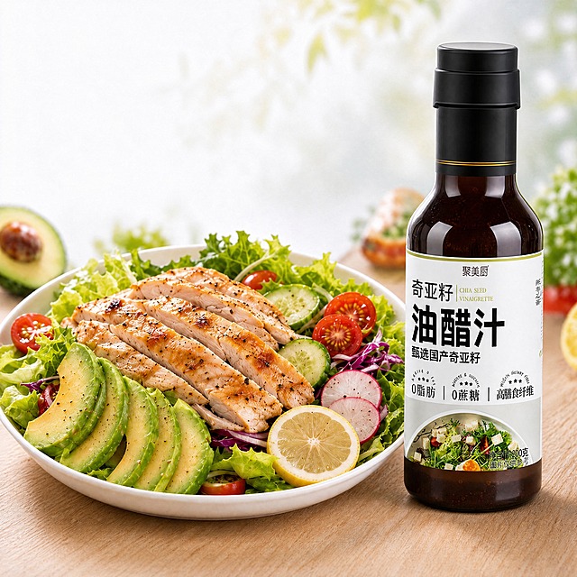 将画面右侧的油醋汁瓶子替换为第二张图中的奇亚籽油醋汁产品（黑色瓶盖、白色标签带黑色大字'奇亚籽油醋汁'、深棕色液体玻璃瓶），产品严格参照第二张上传图，完整保留所有可见组件、轮廓、结构、比例、材质、颜色与标签文字信息，与上传图完全一致。其余场景（鸡胸肉沙拉盘、牛油果、柠檬、小番茄、黄瓜、生菜、木质桌面、背景绿植与光斑、整体构图、光影氛围）保持不变，产品自然融入场景光影，与场景共处同一物理空间，透视与角度与原瓶一致，无悬浮或抠图感。