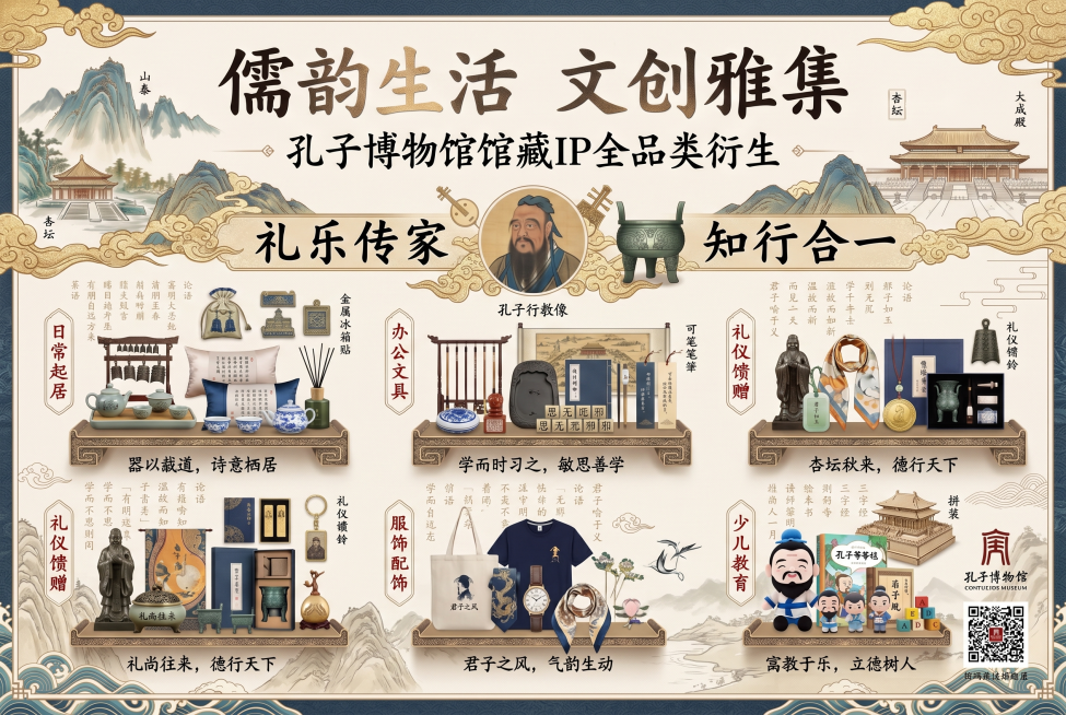 在现有海报基础上丰富内容，增加更多孔子博物馆馆藏文物细节、更多论语语录装饰，补充潮玩手作和文旅纪念品品类，丰富每个场景的文创产品展示，增加更多文物符号、云纹、山水等国风元素，优化画面层次，让整体内容更预览效果