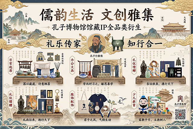 在现有海报基础上丰富内容，增加更多孔子博物馆馆藏文物细节、更多论语语录装饰，补充潮玩手作和文旅纪念品品类，丰富每个场景的文创产品展示，增加更多文物符号、云纹、山水等国风元素，优化画面层次，让整体内容更饱满，同时保持原有排版布局和标题文案不变