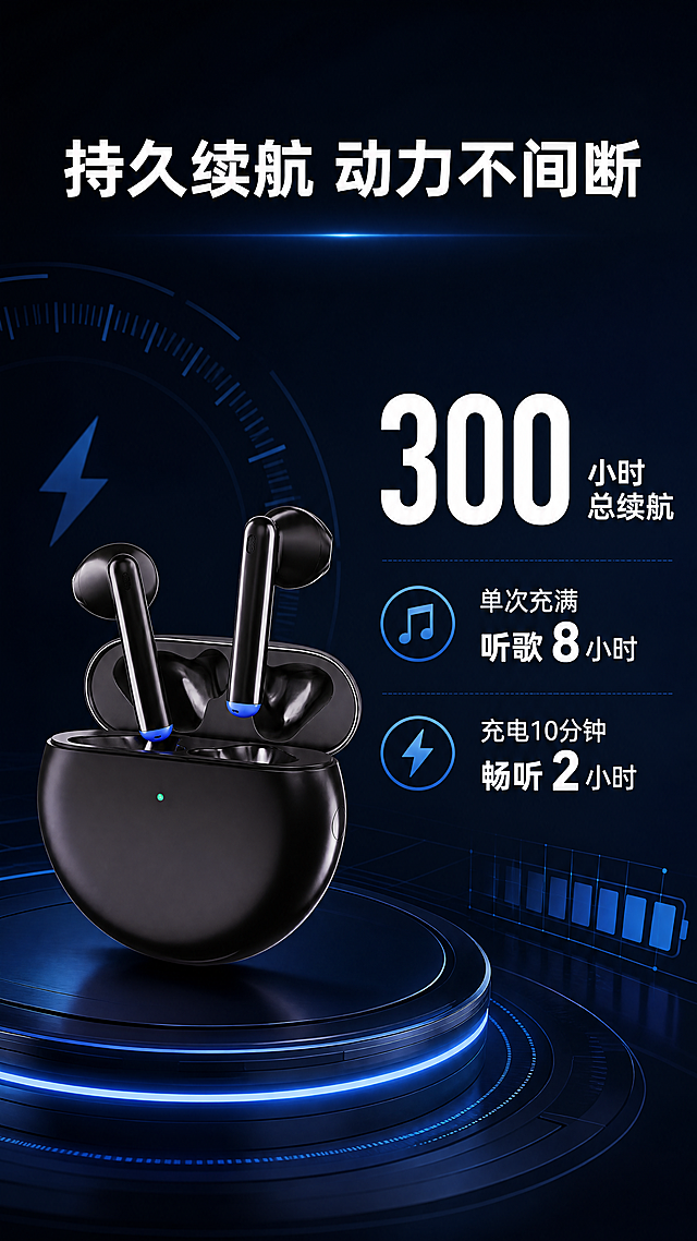 [第2屏] 续航能力核心卖点展示，无线蓝牙耳机续航性能详解。保持原耳机外观结构颜色不变。[氛围/风格] 深蓝科技冷色调，暗调高级光影，简约科技质感，超高清画质，高级科技感。[元素布局] 画面上方为标题区，中左侧放置充电盒开盖耳机产品图，中右侧为电量续航信息图示，背景为深蓝渐变科技纹理加入电量格线条装饰，至少三种环境元素，整体无边框满铺。[光影质感] 主光从左侧打来，在产品右侧形成自然阴影，整体明暗对比清晰，突出产品金属磨砂质感。[配色色系] 全局统一底色 #0F172A（深蓝）；主体配色：纯黑耳机+蓝色点缀；全部文字为白色黑体。[视角构图] 耳机45度斜侧放置在中左侧，占据画面40%区域，右侧区域完整留给参数信息。[文字版式] 顶部主标题“持久续航 动力不间断”白色加粗黑体，居中，字号约画面高度6%；产品图右侧大数字“300”白色加粗，代表总续航小时数，旁边文字“小时 总续航”白色常规大小，核心数字加大加粗；下方分两行列出“单次充满 听歌8小时”“充电10分钟 畅听2小时”，白色黑体，核心数值加粗，所有文字左对齐，层级分明。[比例分辨率] 9:16竖版比例，4K分辨率，文字清晰可辨，超高清。[负向提示词] 改变耳机外观，变形，文字错乱，产品模糊，背景杂乱。