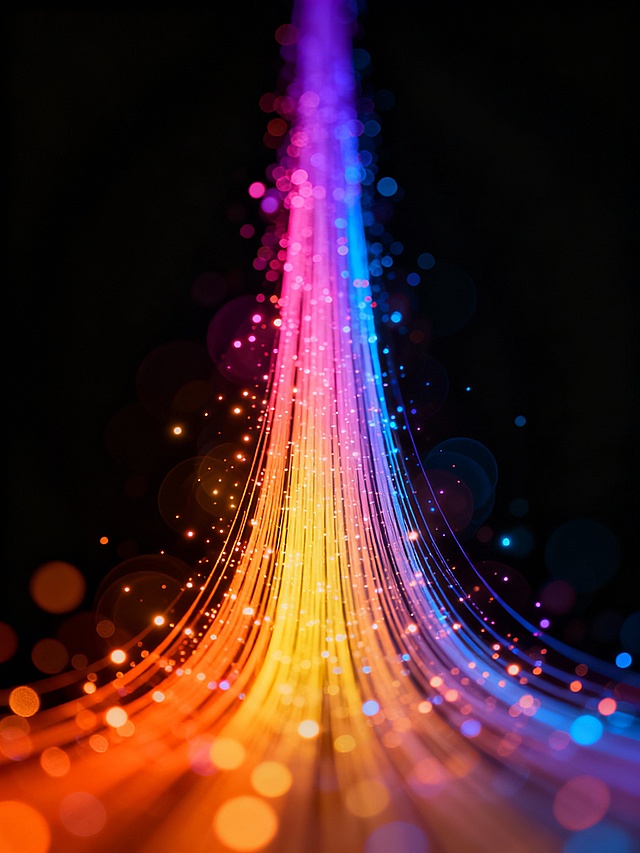 深邃黑色背景上，由无数细小光点和发光粒子构成的绚烂光束从画面底部中央向顶部延伸，光束呈现出从橙色、黄色渐变到粉色、紫色再到蓝色的丰富色彩过渡，光线具有明显的流动感和速度感，粒子在光束周围散发出柔和的光晕和光斑效果，整体营造出梦幻、科技感与未来感兼具的氛围，画面充满动感与活力，色彩鲜艳且和谐统一，光影对比强烈，细节丰富。