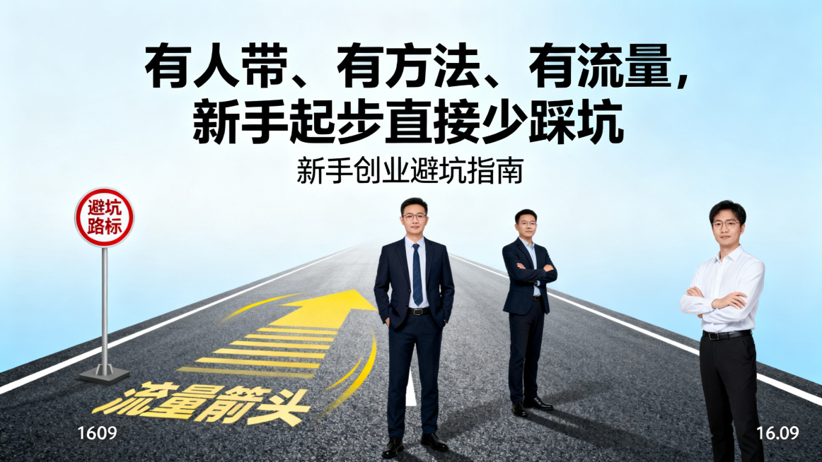 创业主题海报，主标题"有人带、有方法、有流量，新手起步直接少踩坑"，主副标题分明，字体使用黑体、宋体、圆体，平坦大道背景，搭配三位不同分工的导师人物，元素包含避坑路标、流量箭头，非纯色背景，尺寸比例1预览效果