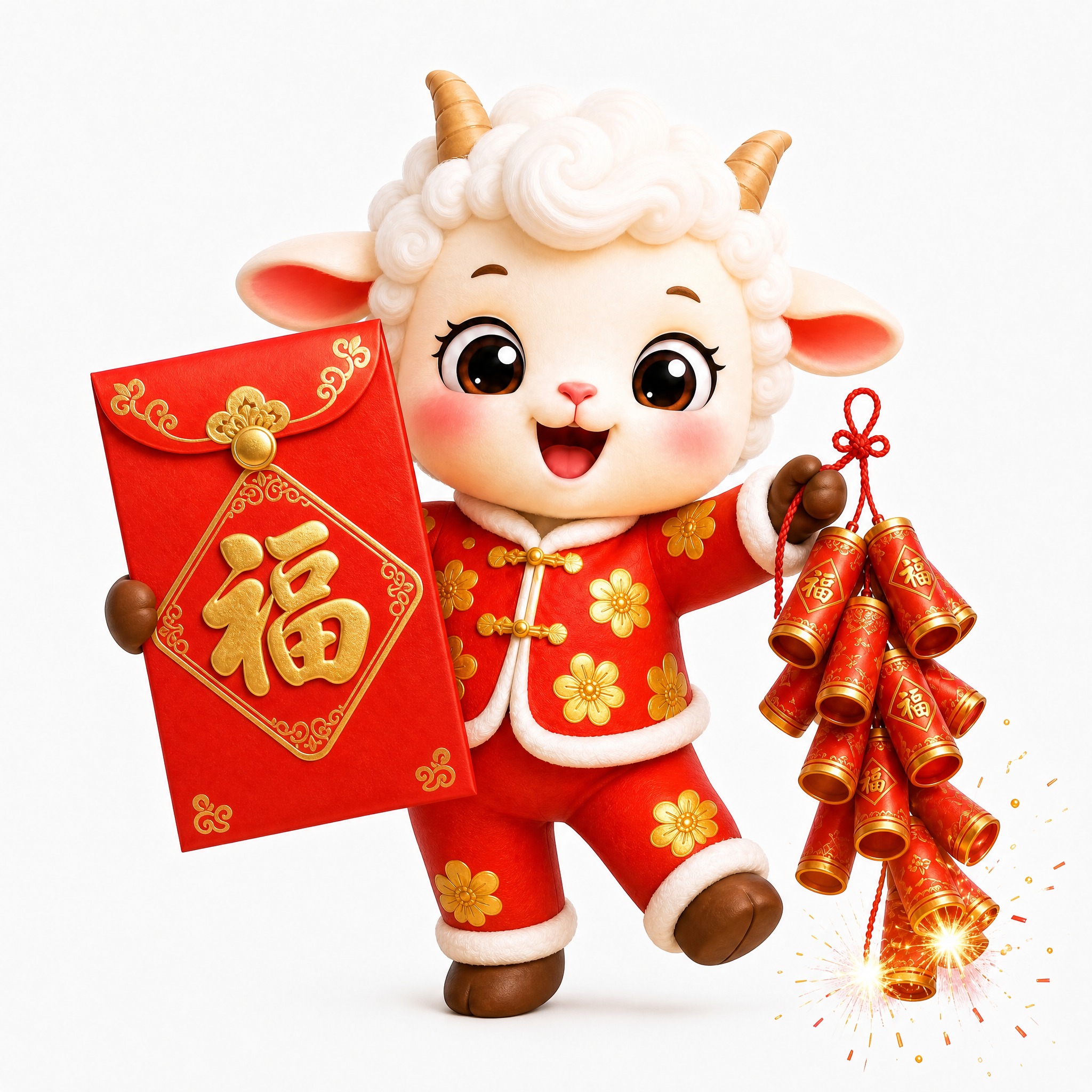 将小羊改为站立姿势，活泼可爱地站着，手里拿着一个大大的红色红包… - 图片创意预览