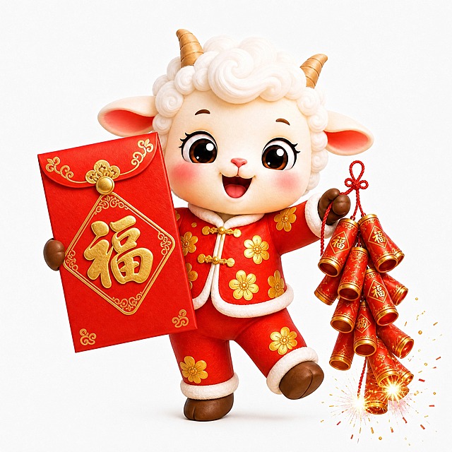 将小羊改为站立姿势，活泼可爱地站着，手里拿着一个大大的红色红包，红包上有金色福字装饰。去掉坐着的大金元宝，小羊站姿充满活力。其余保持不变：卡通3D渲染风格，可爱的羊吉祥物，头上2个小羊角，身体圆润饱满，大而明亮的眼睛，穿着喜庆红色年服，年服上有金色花朵装饰，表情欢快可爱，纯白色背景，3D卡通渲染质感，柔和光线，细节精致