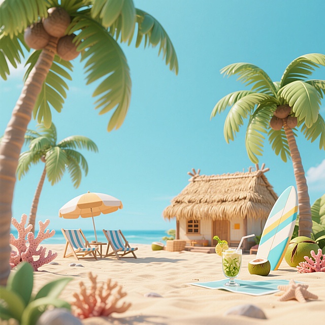 沙滩上有椰子树、珊瑚、茅草屋、沙滩椅、遮阳伞、椰汁饮料、冲浪板，淡蓝色背景