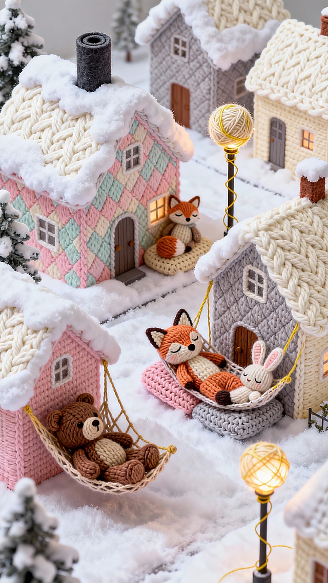 毛线编织的童话雪镇，拟人小动物在吊床中安睡，微缩艺术风搭配暖光灯球，营造梦幻温馨的冬日奇境。