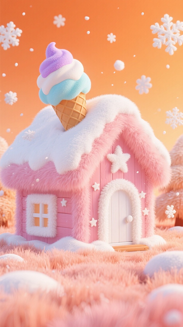 画面中心是粉色的小木屋（白色门和窗），上面有星星的装饰，屋顶覆盖白雪，房顶上有一个巨大的被雪覆盖的冰淇淋，橙色的天空，周边飘着白色雪花，地面有积雪