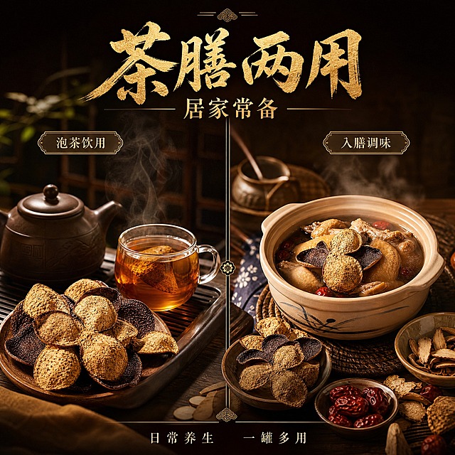 [主图-5] 新会陈皮使用场景图，核心任务：展示茶膳两用居家常备的多功能性，扩展使用场景。
[统一基调] 中式国风高端质感，暖棕红金主色调，深木色背景配暖金色光晕，主标题用粗笔刷书法字体金色，辅助文案用细宋体米白色，整体禅意雅致，商业摄影级质感。
[画面] 画面采用左右分屏构图，左侧是茶饮场景：紫砂壶、陈皮茶、陈皮干品摆放在茶席上，热气腾腾，体现泡茶饮用；右侧是膳食场景：一锅陈皮煲汤或陈皮红豆沙，旁边放着陈皮食材，体现烹饪入膳。中间用金色细线条分隔，上下有呼应。两个场景中都有完整的新会陈皮三瓣形态出现，保持产品外观一致。
[光影质感] 商业摄影质感，左右两侧都是暖金色调，左侧茶饮场景光线柔和雅致，右侧膳食场景光线温暖有食欲，整体光影统一在暖色系中。
[配色] 暖棕底色 + 金色标题 + 茶汤琥珀色 + 膳食暖色调，整体温暖居家感。
[文字版式] 顶部居中主标题"茶膳两用"金色书法大字，下方"居家常备"金色字。左右两个场景各有小标题，左侧"泡茶饮用"，右侧"入膳调味"，用小标签形式标注。底部细宋体小字"日常养生 一罐多用"。
[输出要求] 1:1正方形，2048x2048，文字清晰，两个场景自然融合，陈皮形态准确，无变形错字，无水印。