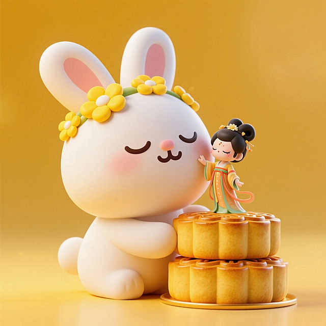 大兔带着黄色小花装饰（闭眼微笑）姿态亲昵地与身旁的迷你嫦娥互动，迷你小嫦娥依偎着大兔旁在二层堆叠月饼上，暖黄色背景