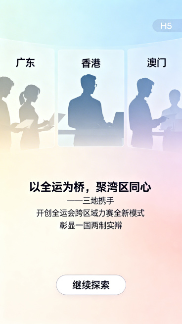 H5湾区同心办赛初心页，柔和渐变背景，分屏呈现广东、香港、澳门三地办赛工作人员协作对接剪影图，页面居中文字："以全运为桥，聚湾区同心——三地携手，开创全运会跨区域办赛全新模式，彰显一国两制实践活力，推预览效果