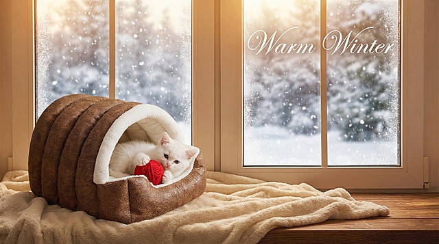 以图中的猫窝为元素,可爱安全的猫窝,设计6张跟猫窝关的图，可以适当加一些英语文字点缀一下,比例 「16:9」