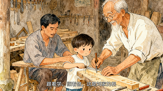 双人近景，场景：老宅作坊内祖孙三代同雕，画面：爷爷、父亲手把手教小男孩下刀、看纹理、守木性，台词文字"跟着学、照着做，这是刘家的根"，延续手绘水彩风格，温馨传承氛围