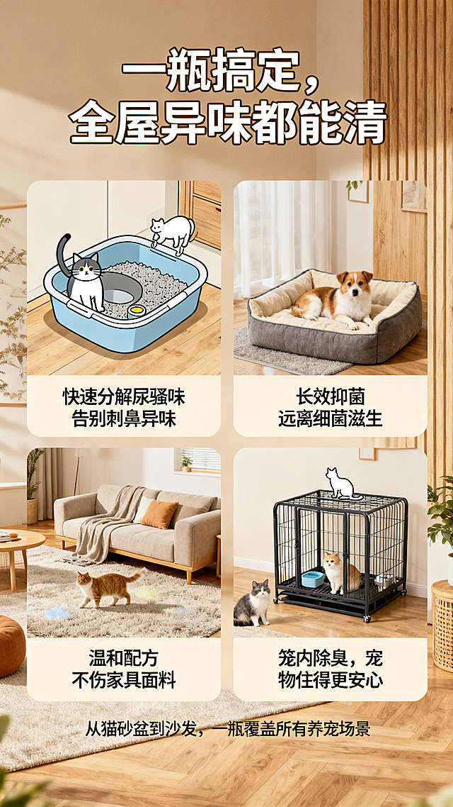 电商详情页多场景使用说明图，背景是温馨的原木风居家背景，和主图暖调风格呼应，采用4宫格分块排版。顶部加粗主标题"一瓶搞定，全屋异味都能清"。四个场景分块每个配对应的场景简笔画：1.猫砂盆除臭：快速分解尿骚味，告别刺鼻异味；2.狗窝 / 宠物垫除菌：长效抑菌，远离细菌滋生；3.沙发 / 地毯除味：温和配方，不伤家具面料；4.宠物笼 / 猫舍清洁：笼内除臭，宠物住得更安心。底部小字：从猫砂盆到沙发，一瓶覆盖所有养宠场景。整体排版温馨清晰，符合电商详情页风格