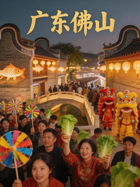 3:4竖版构图，画面醒目文字标注"广东佛山"，岭南元宵行通济民俗大典，通济桥万人手持风车、生菜祈福，醒狮巡游，广府镬耳屋古街鱼灯璀璨，暖调夜景柔光，国风人文纪实摄影，细节丰富，色彩鲜活，市井烟火与传统预览效果