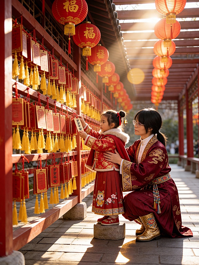 国潮风与重拟物风融合，刺绣细节精致，鎏金元素点缀，实景感十足的中式庭院中，母女共挂祈福牌，红灯笼映衬喜庆氛围，传递新年祝福。
