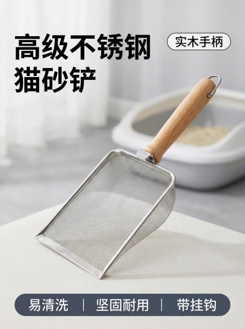 [主图 1] 猫砂铲产品首图，突出产品核心卖点
[氛围/风格] 干净明亮的家居风格，高清实拍，自然光质感
[画面元素] 猫砂铲产品主体居中放置，完整展示产品整体外观，背景为简约干净的浅灰色宠物饲养场景预览效果