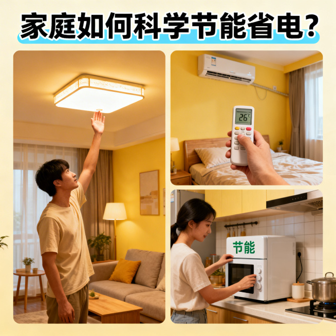 家庭科学节能省电主题正方形图片，展示随手关灯、调空调温度、用节能电器场景，标注“家庭如何科学节能省电？”，实用科普风格预览效果