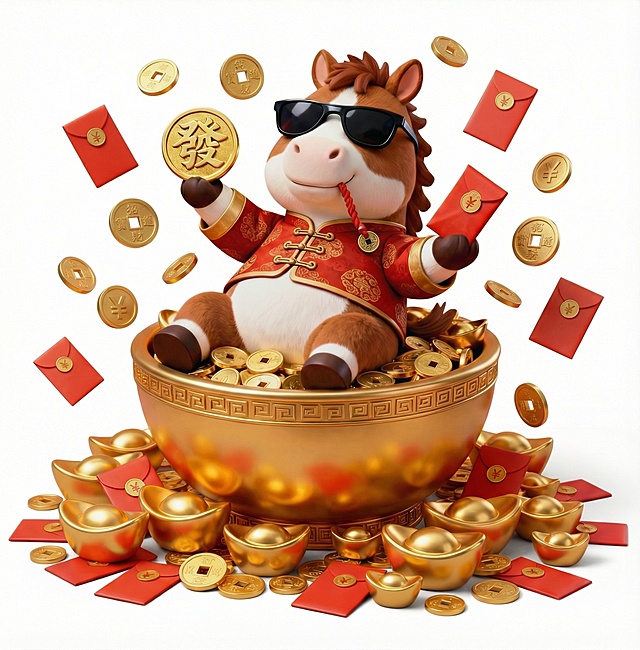 小马的周围飘一些钱币和红包