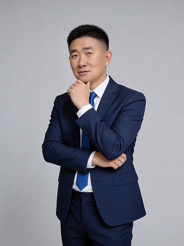 参考图中保留人物脸型、发型、年龄等特征生成防水维修团队领导形象照，专业深蓝色商务西装风格，标准焦段50mm,f/4光圈(f/2.8-f/4区间),平视视角(镜头与人物视线齐平);人物占画面70%,人物居中(居中构图),位于画面中心,为视觉聚焦点,入境范围头部及以下至臀部下方10cm(半身像);左右留少量背景空间;头部与画面顶部保留5%空间;头部发型完整,头肩比例协调,人物结构准确;发质微微柔顺，微微蓬松。身穿深蓝色精纺西装外套，内搭白色高支棉衬衫，蓝色领带;下装深蓝色西装西裤;着装正式干练，权威沉稳，值得信赖，身形匀称，姿态端正，身体挺拔。呈手扶下巴自然姿态，肢体放松自信。简约中度灰色纯色背景，极简干净，背景光线均匀柔和。32k画质超高分辨率、细节清晰，现代精致专业风格；肤质精细化处理；眼神直视镜头，目光坚定，嘴角自然微笑。健康清透哑光肌,肤色均匀白皙,细腻平滑无瑕,保留真实毛孔纹理,自然提亮｡正面柔光补光,4800K中性光,面部光比1:1.5。中近景写实摄影,对焦清晰,面部雾面柔光,轻透裸肌感,高清保留皮肤细节｡分辨率4K，去除多余元素。严格按照图片内容生成。画面比例3:4