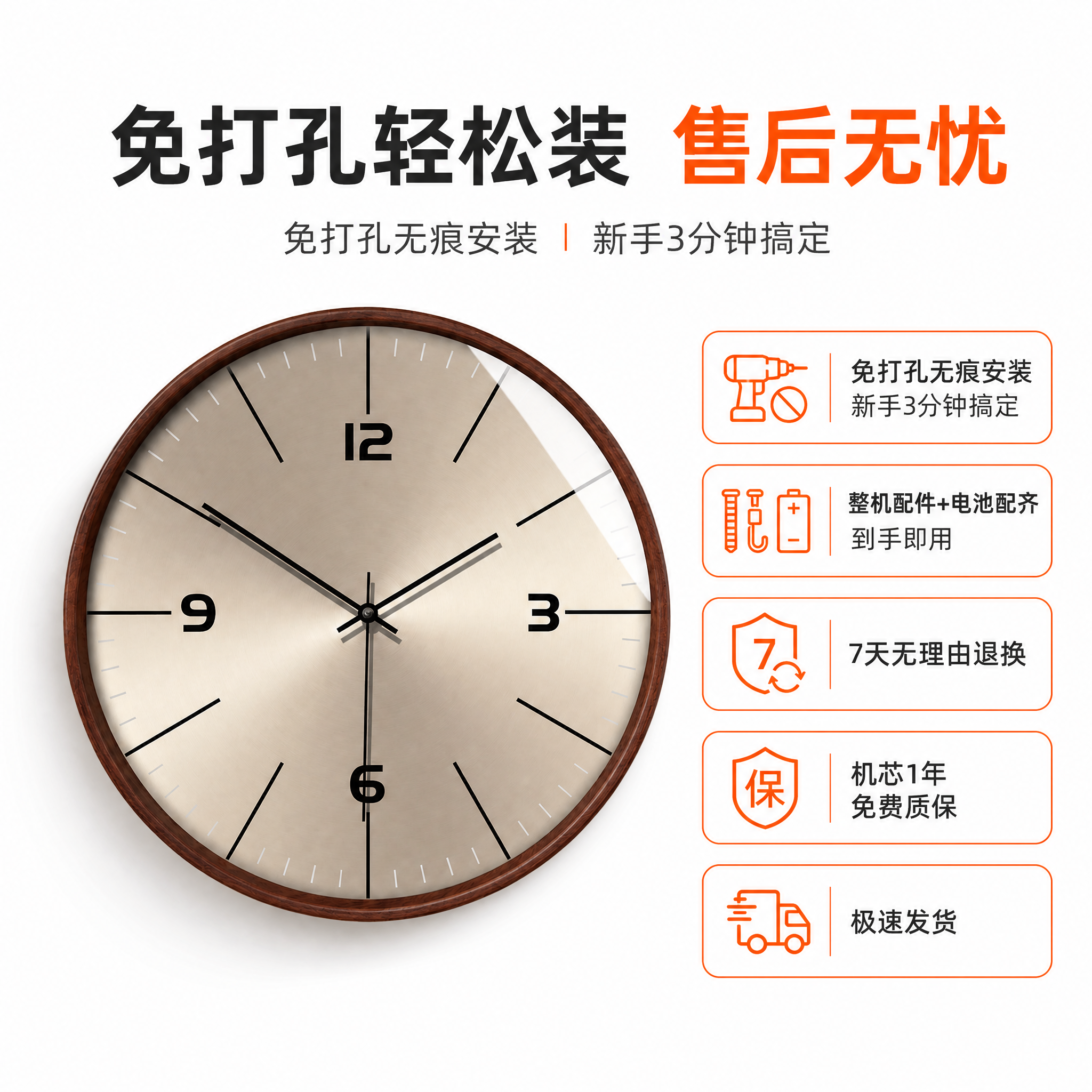 淘宝商品主图，1:1比例，产品为挂钟，干净纯白色背景，搭配服务… - 图片创意预览